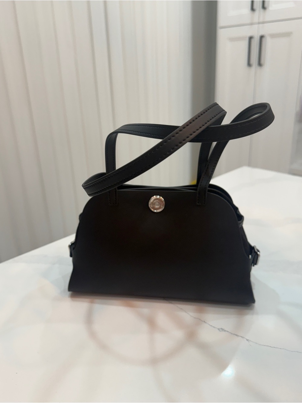 Black Leather Should Bag – Smooth leather w/ Canvas, Silver Button Turnlock